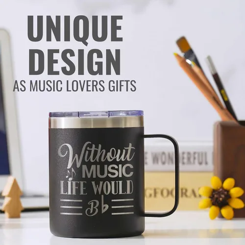 Miniatura 3 de Onebttl Regalos para Amantes de la Música para Hombres, Masculino, Para Él - Sin Música la Vida Sería Plana - 12 oz / 350 ml Tazas Aisladas con Tapa