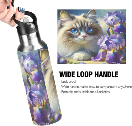 Miniatura 4 de Stainless Steel Vacuum Insulated Water Bottle 32 Oz, Leakproof Water Bottles for Gym Outdoor Travel School, Cute Cat Purple Flowers