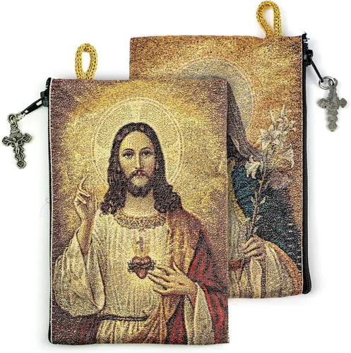Miniatura 2 de Bolsa de rosario católico, Sagrado Corazón de Jesús y Corazón Inmaculado de María, 4 x 6 pulgadas, joyería y monedero con cruz, pequeña bolsa tejida