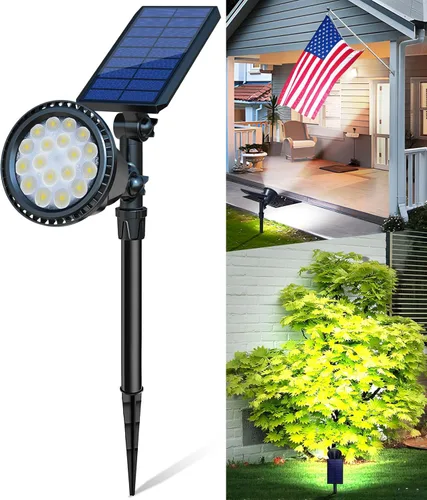 Focos solares para exteriores, focos solares brillantes para paisaje, impermeables, 18 LED, 2 en 1, luz de bandera con energía solar, luces