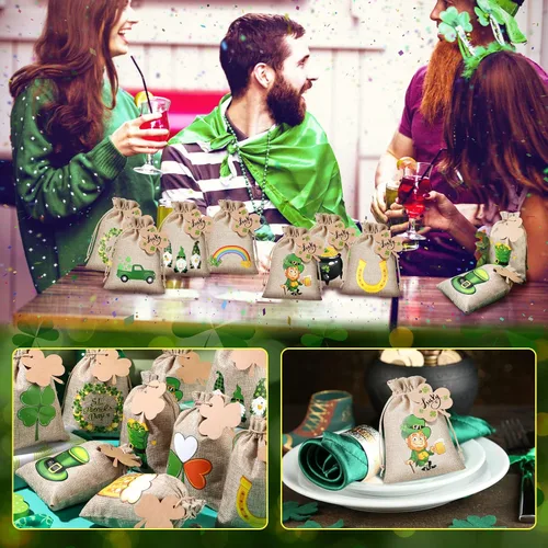 Miniatura 6 de Shappy Juego de 24 bolsas de regalo del día de San Patricio con cordón de arpillera de trébol verde para fiesta, bolsas de dulces, trébol irlandés