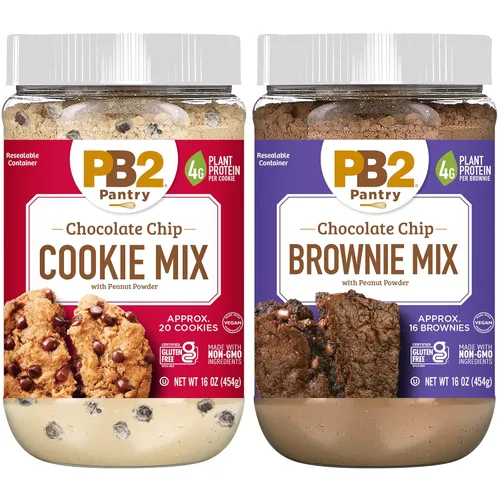 PB2 Mezcla para galletas con chispas de chocolate y brownies, sin gluten, no transgénico, 4g de proteína por galleta, vegano (2 frascos - 16 oz cada