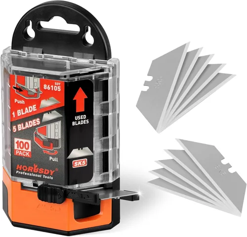 HORUSDY Paquete de 100 cuchillas para cuchillos utilitarios, reemplazo de cuchillas para cortador de caja con dispensador, acero al carbono SK5