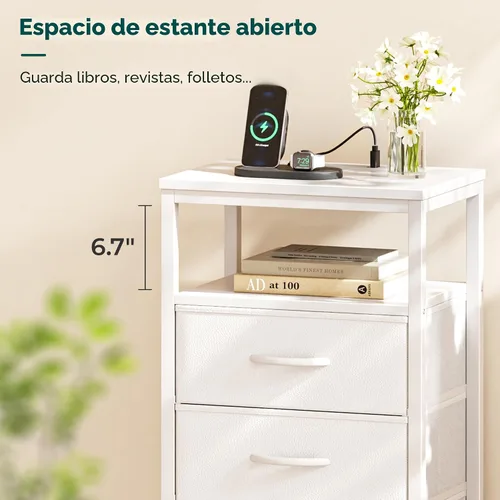 Miniatura 9 de Huuger Cómoda blanca con 5 cajones y estación de carga, cómoda alta para dormitorio, mesita de noche alta con acabado de piel sintética, estante