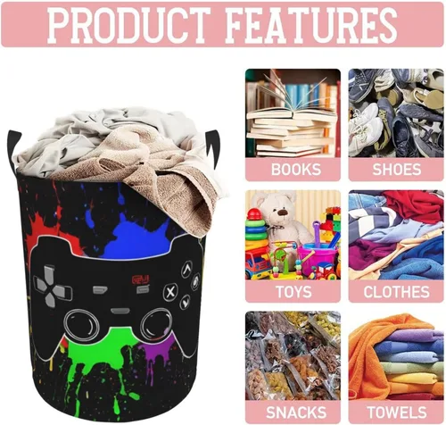 Miniatura 5 de Cesta redonda para ropa sucia con temática de videojuegos, cesta de almacenamiento para juguetes, organizador de ropa, para el hogar, baño, Juego #02