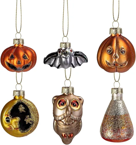 Deloky 6 adornos colgantes de vidrio soplado de Halloween, decoración de Halloween, decoración de árbol de vidrio, adornos de Halloween, murciélago,