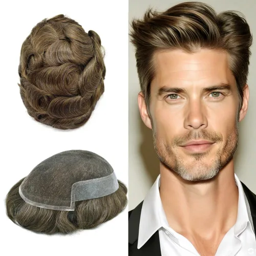 Miniatura 74 de Sistema de repuesto de cabello humano europeo con encaje frontal suizo para hombre, tupé para hombre, pieza de cabello, nudo blanqueado, línea #17