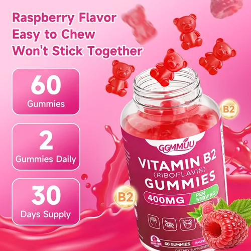 Miniatura 7 de Gomitas de vitamina B2 con riboflavina de 400 mg con magnesio para niños y adultos, gomitas B2 para apoyo del sistema nervioso y salud de la piel