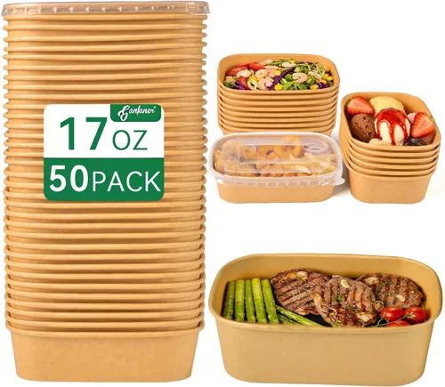 Recipiente desechable de 17 onzas con tapas, 50 juegos de tazones de papel para acai compostables para fideos de sopa, aptos para microondas,