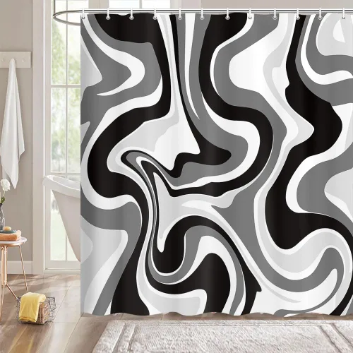 Cortina de ducha en blanco y negro, bonito juego de cortinas de baño de estética abstracta hippie de los años 70, cortina de ducha moderna y