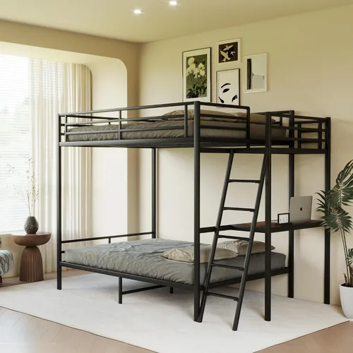 Miniatura 14 de KEIKI Litera Full sobre Twin con Estación de Carga, Cama Alta de Metal con Escritorio & Protector de Seguridad & Escaleras, Marco de Cama de Metal