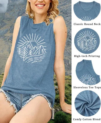 Miniatura 64 de Camisetas sin mangas de senderismo y montaña para mujer, divertidas camisetas de entrenamiento con gráficos de pino y amanecer, camisetas de verano