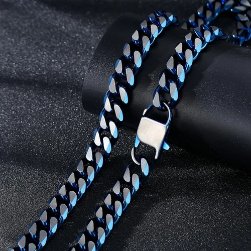 Miniatura 42 de YAMI Cadena de eslabones cubanos para hombre, azul/negro/oro de 14 quilates, acero inoxidable de 0.394-0.472 in de grosor, collar de cadena
