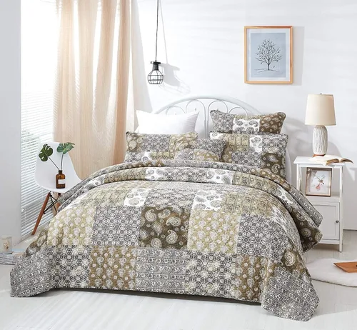 Miniatura 9 de DaDalogy Bedding - Juego de cama bohemio de 8 piezas en una bolsa, colcha de retazos de algodón floral marrón y verde con estampado de cachemira