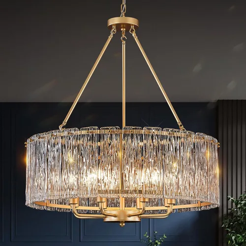 Miniatura 12 de CATINER Candelabro de cristal de 20 pulgadas, moderno, 6 luces, lámparas de tambor dorado, iluminación colgante de techo de lujo para entrada