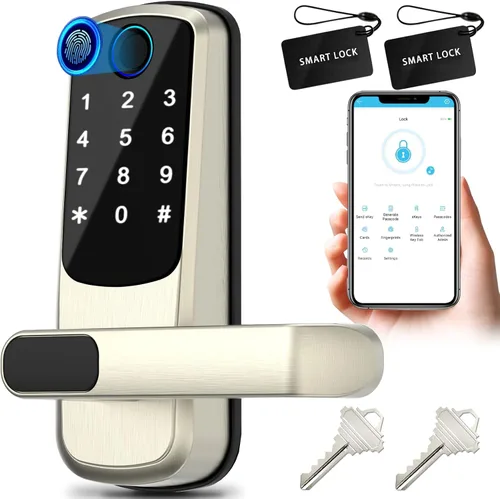 Cerradura de puerta inteligente con asa, cerraduras exteriores de huellas dactilares, cerraduras inteligentes para puerta delantera, dormitorio,