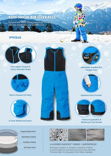 Miniatura 4 de TSLA - Overol con peto invernal para bebés, niñas y niños pequeños, para nieve, snowboard y esquí, de tela antidesgarro Ripstop, impermeable
