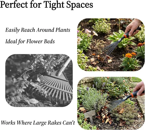 Miniatura 5 de Paquete de 2 rastrillos de mano pequeños para jardinería, mini rastrillo de hojas y arbustos con púas de acero duraderas, mango ergonómico
