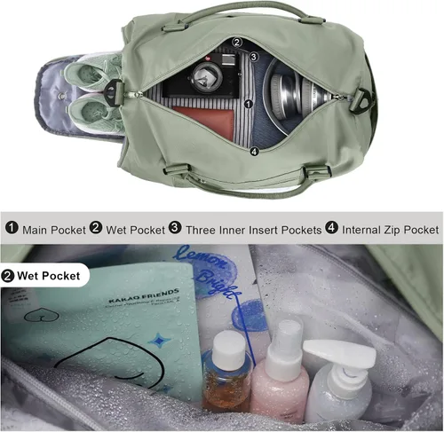 Miniatura 6 de Bolsa de gimnasio para mujeres y hombres bolsa de viaje deportiva con compartimento para zapatos y bolsillo húmedo A-H Green
