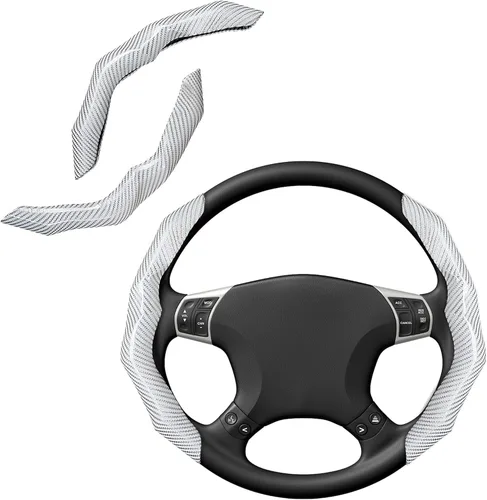 Miniatura 13 de Funda de volante de fibra de carbono con forro antideslizante y diseño segmentado, 2 unidades, protector universal para volante para hombres