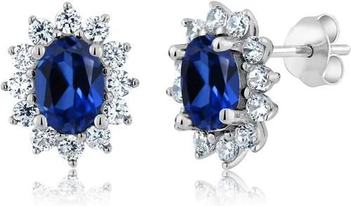 Miniatura 7 de Gem Stone King Aretes ovalados de plata de ley 925 de 0.276 x 0.197 in con piedra natal de la princesa Diana, estilo halo real para mujeres