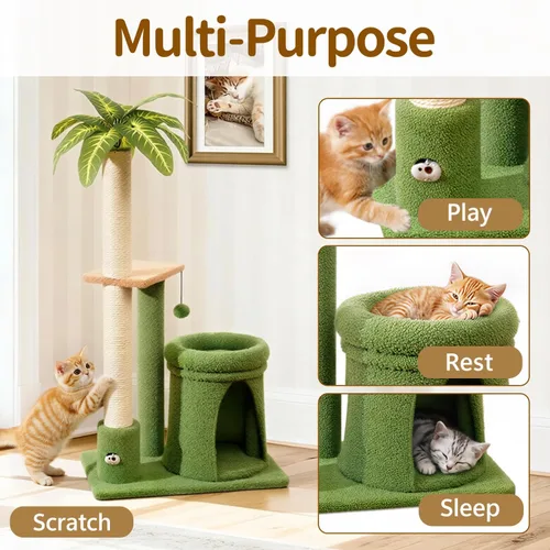 Miniatura 3 de Soporte de poste para rascar en torre de árbol de gato para interiores, 41 pulgadas compacto de palmera con cama acogedora para gatos pequeños