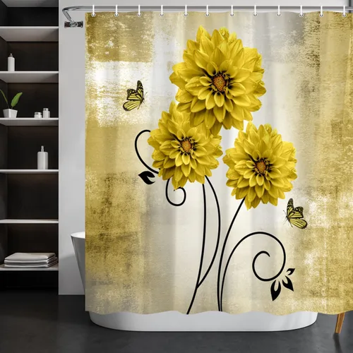Miniatura 3 de Cortina de ducha con diseño floral, flores de dalia amarillas y mariposas, cortinas de ducha para baño, juego de cortina de ducha rústica