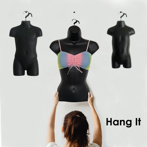 Miniatura 3 de 4 formas de maniquí negro con soportes de metal - Juego de maniquíes colgantes de torso largo para hombre, mujer, niño y bebé con cadera
