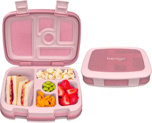 Bentgo Fiambrera para niños con 5 compartimentos con bolsa de almuerzo aislada (edición con purpurina, color rosa pétalo)