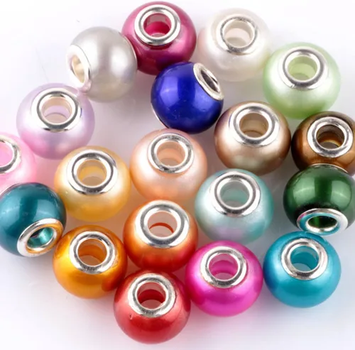 Miniatura 3 de RUBYCA Mezcla de perlas de imitación de cristal de Murano pulsera de encanto europeo espaciador color plata 100pcs DIY