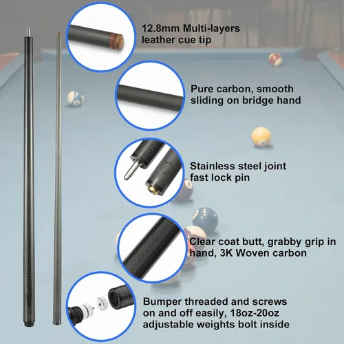 Miniatura 3 de CROWN ME Carbon Fiber Pool Cue Stick 12.8mm Tip Billiard Carbon Fiber cue, 58" Pool Table Sticks, Weight Adjustable Design -18OZ,18.4OZ,19OZ,20OZ