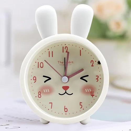 Miniatura 2 de Reloj despertador de silicona silencioso sin tictac para niños, con diseño de animal, para viajes, con luz nocturna (A- conejo blanco)