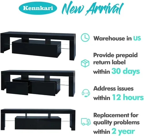 Miniatura 2 de Soporte de TV negro con 2 estantes de almacenamiento y 3 estantes abiertos, TV LED de alto brillo, centro de entretenimiento de TV, consola de TV