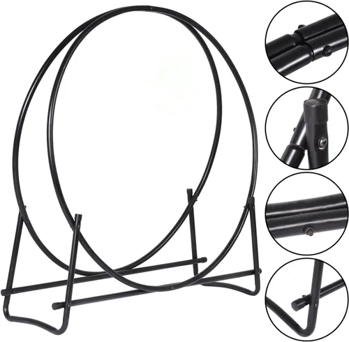 Miniatura 6 de COSTWAY Estante para leña de 41 pulgadas, soporte de madera de acero con recubrimiento en polvo con diseño de doble anillo, aro de leña