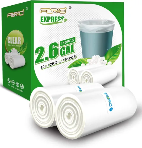FORID Bolsas de basura pequeñas transparentes, bolsas de basura de 2.6 galones, 110 bolsas de basura de plástico para baño, dormitorio, oficina,