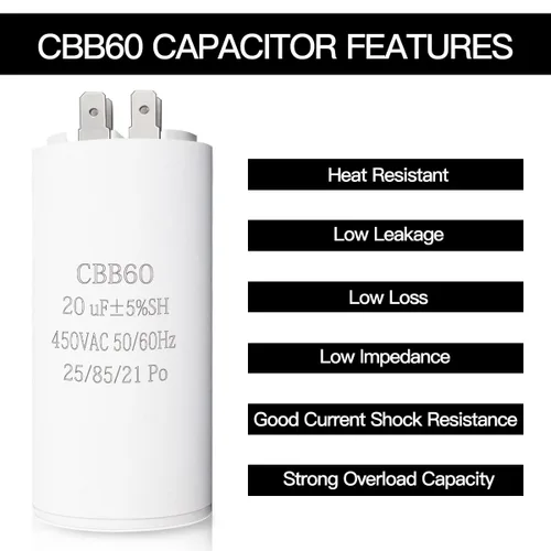 Miniatura 2 de Condensador de funcionamiento del motor 20UF CBB60, 450VAC 50/60HZ Condensador cilíndrico para funcionamiento del motor, lavadoras, acondicionadores
