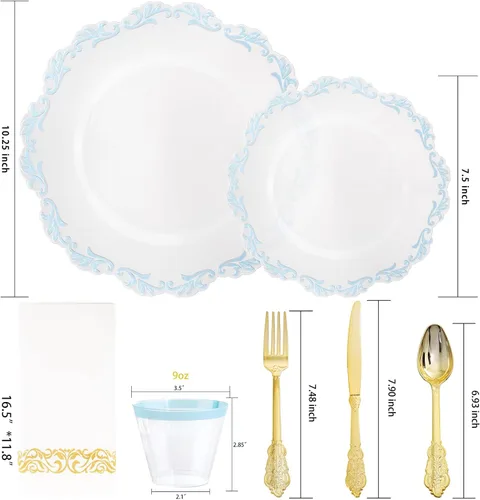 Miniatura 2 de PULOTE Juego de 175 piezas de platos de plástico transparentes y azules - Juego de vajilla desechable con borde azul - Incluye 25 platos de cena, 25