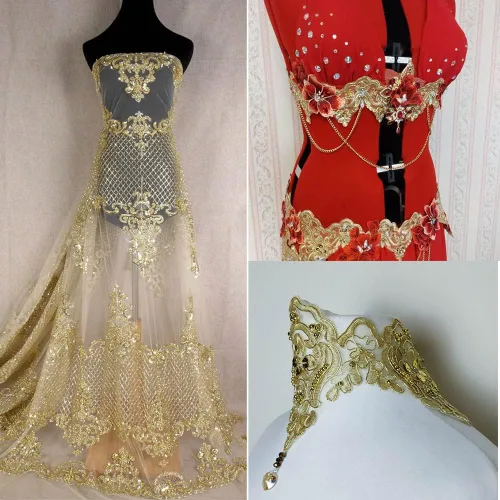 Miniatura 5 de IDONGCAI Cinta metálica de lentejuelas 3D con ribete de encaje dorado vintage para alteraciones de vestidos de novia, manualidades de cabaña