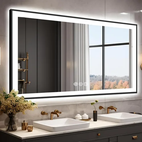 Miniatura 12 de Espejo de baño LED de 20 x 28 pulgadas para pared, marco negro (metal, aluminio), luz frontal y retroiluminada, 3 colores y espejo de tocador