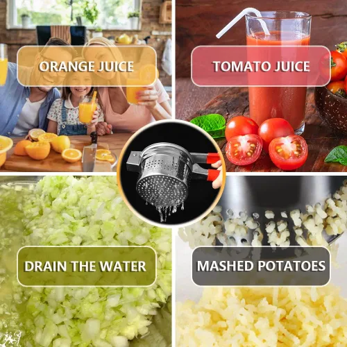 Miniatura 7 de Exprimidor de verduras de acero inoxidable de 13.5 onzas, mango de silicona roja antideslizante, exprimidor de agua vegetal de metal para exprimir