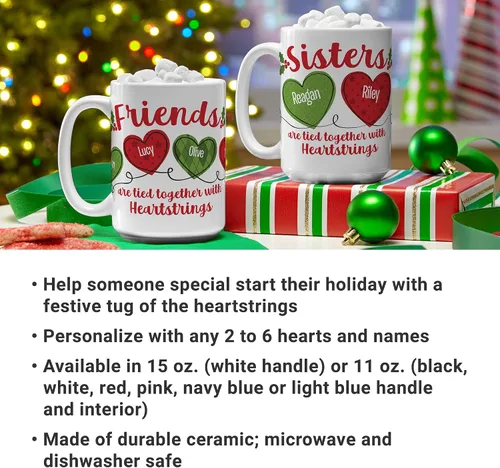 Miniatura 5 de Let's Make Memories Taza de Navidad personalizada, para amigos, taza de café personalizada, Heartstrings - 2-6 nombres - Mango blanco e