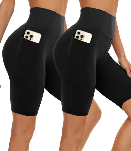 Pantalones cortos de entrenamiento para mujer, paquete de 2 pantalones cortos de ciclista de 58 pulgadas con control de abdomen con bolsillos de