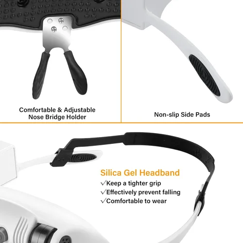 Miniatura 6 de Gafas de aumento para cabeza manos libres, lupa con luz, 1X, 2X, 3X, 5X, 6X, 8X, ideal para joyería, extensiones de pestañas, soldadura, Lupa