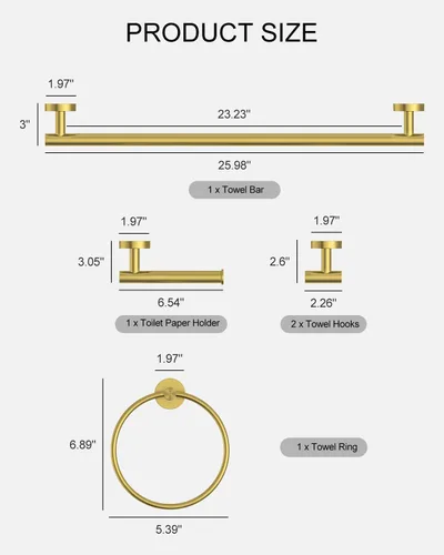 Miniatura 3 de Juego de accesorios de baño de 5 piezas de acero inoxidable SUS 304 de oro cepillado de 26 pulgadas, juego de toallero de baño, conjunto