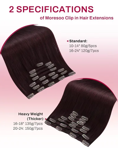 Miniatura 9 de Moresoo Extensiones de cabello humano real color burdeos con clip, extensiones de cabello humano rojo oscuro con clip de doble trama, color vino