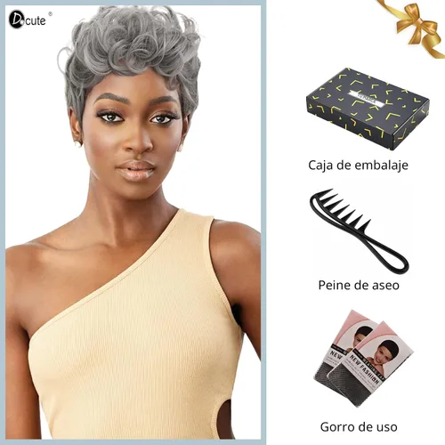 Miniatura 8 de DOcute Peluca gris para personas negras, corte pixie con flequillo, peluca rizada corta para mujeres negras, peluca rizada esponjosa para mujeres