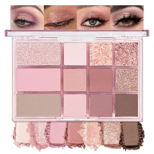 Miniatura 18 de SUAKE Paleta de sombras de ojos rosa nude, mate y brillante, alta pigmentación, 12 colores marrón y morado para maquillaje de ojos, paleta de 01#