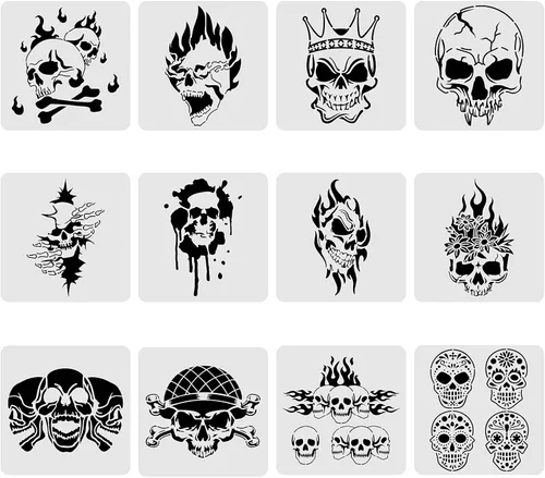 BENECREAT 12 plantillas de dibujo de plástico con patrón de calavera, plantilla de pintura de suspenso de terror de 12 x 12 pulgadas para hacer Tema