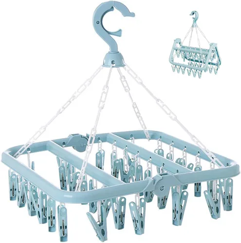 Tendedero de ropa con 32 clips, estante plegable para colgar, gancho giratorio de 360° para secar calcetines, ropa de bebé, toallas, guantes (azul