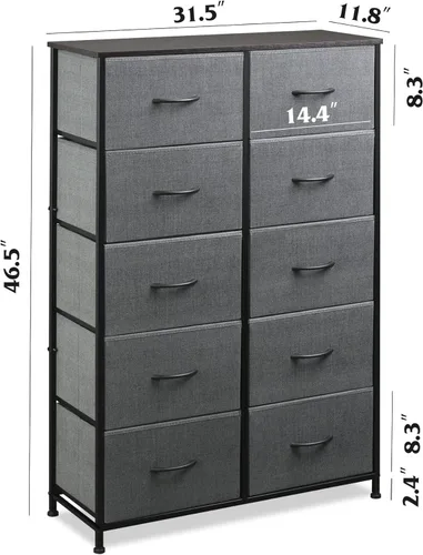 Miniatura 3 de WLIVE Cómoda gris para dormitorio con 10 cajones de tela, unidades organizadoras altas para sala de estar, ropa, armario, torre de almacenamiento